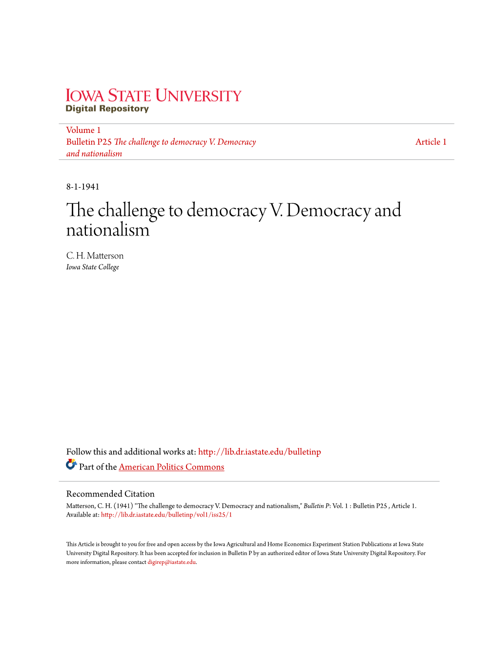 The Challenge to Democracy V. Democracy and Nationalism C