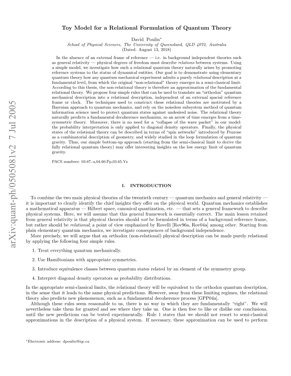 Toy Model for a Relational Formulation of Quantum Theory