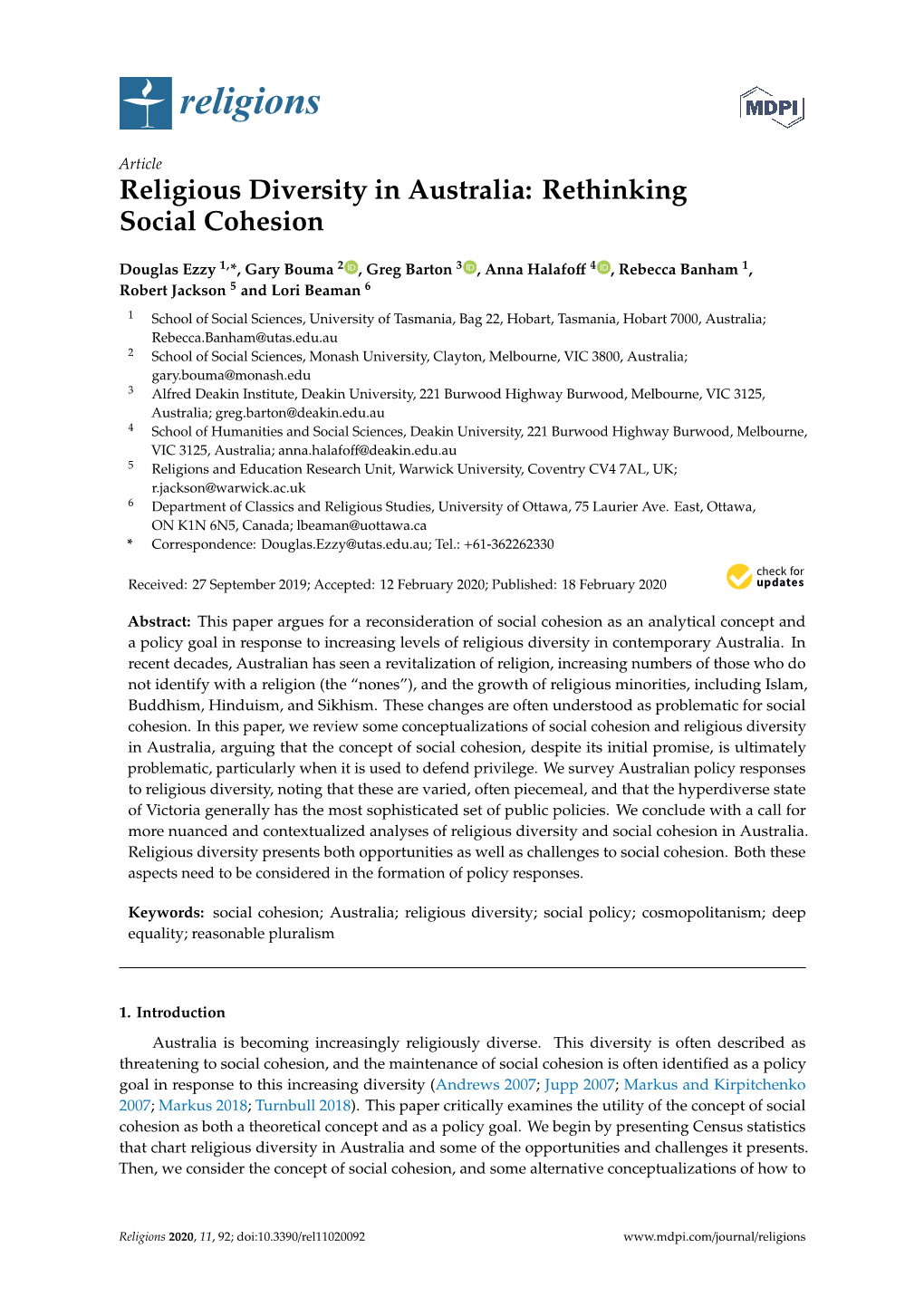 Religious Diversity in Australia: Rethinking Social Cohesion