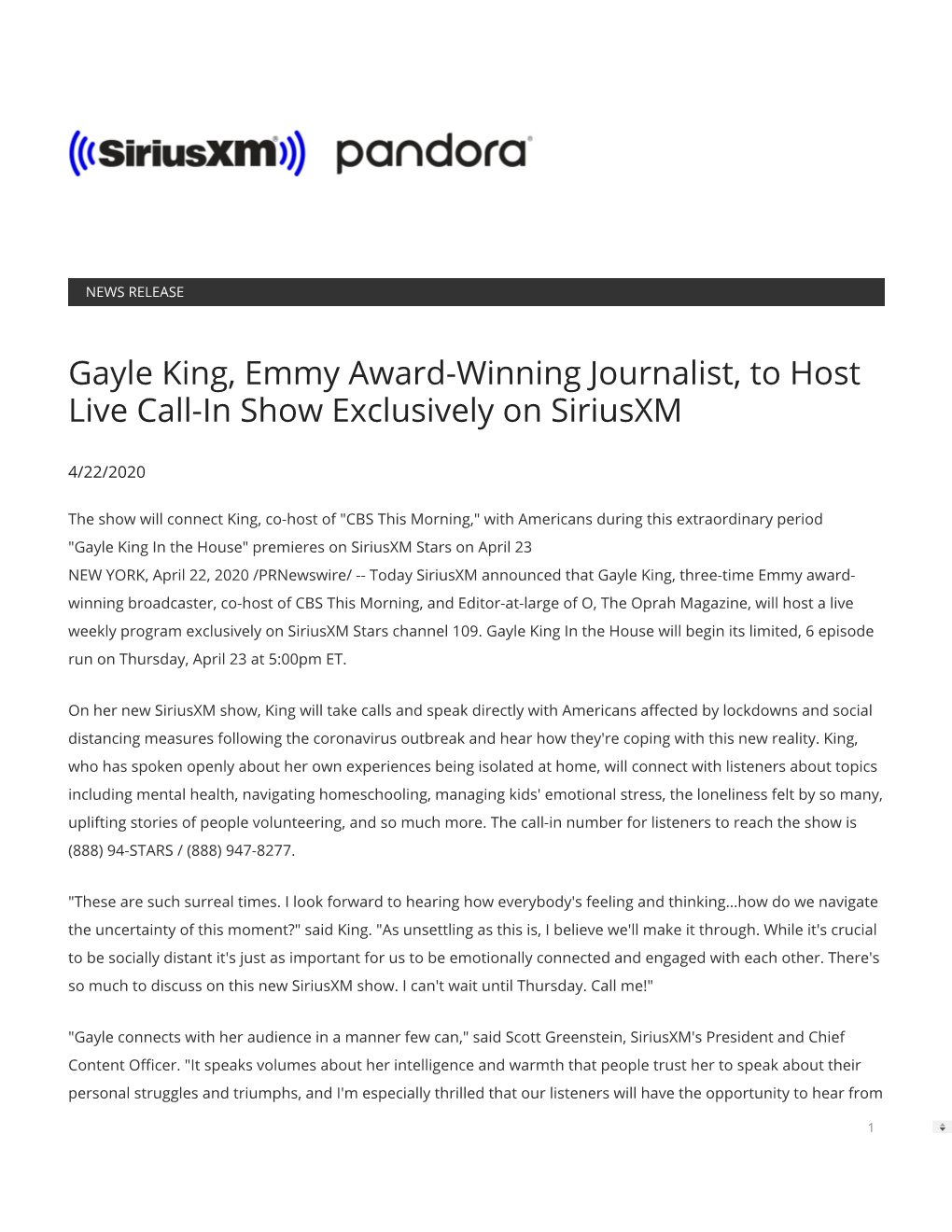 Gayle King, Emmy Award-Winning Journalist, to Host Live Call-In Show Exclusively on Siriusxm