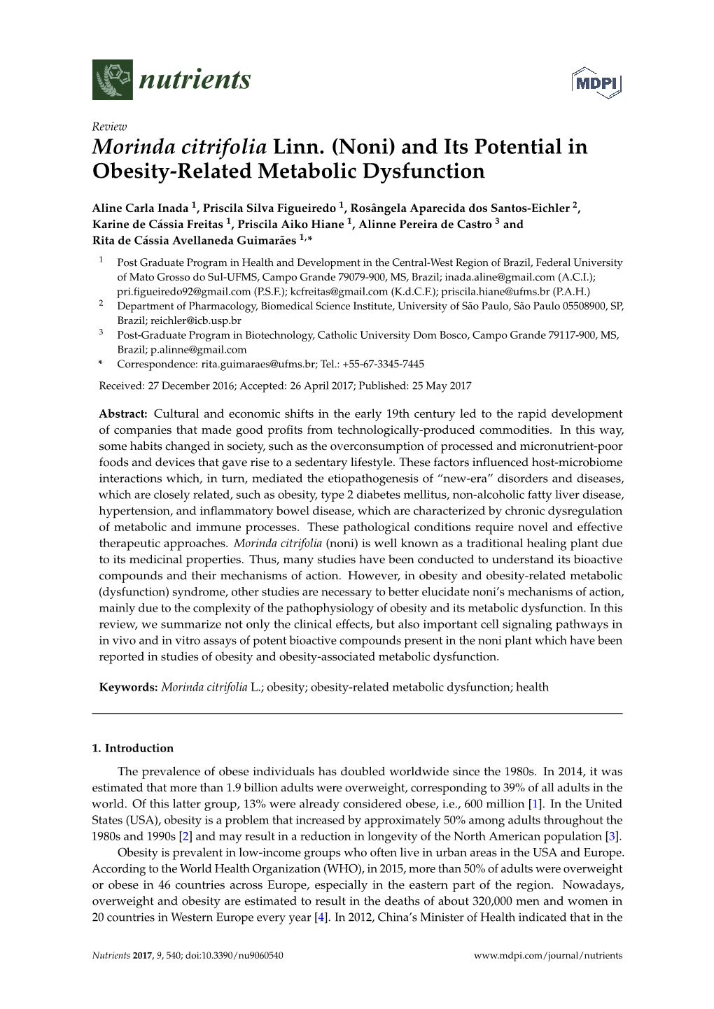 Morinda Citrifolia Linn. (Noni) and Its Potential in Obesity-Related Metabolic Dysfunction