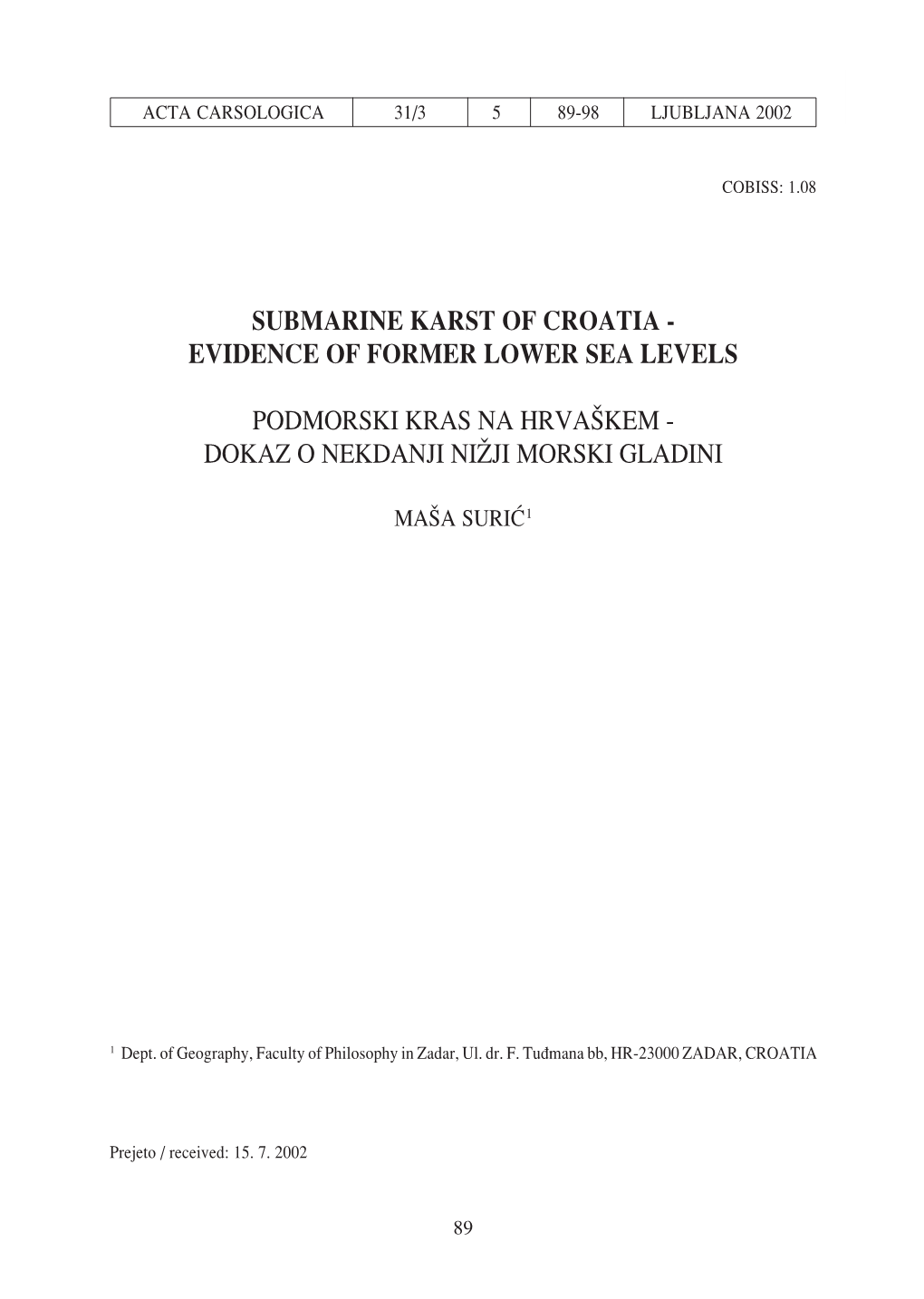 Submarine Karst of Croatia - Evidence of Former Lower Sea Levels