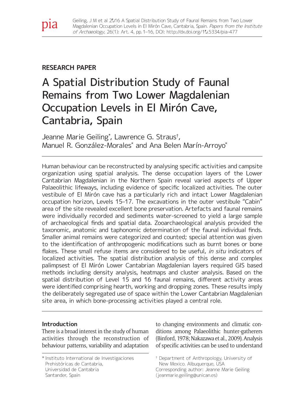 A Spatial Distribution Study of Faunal Remains from Two Lower Magdalenian Occupation Levels in El Mirón Cave, Cantabria, Spain