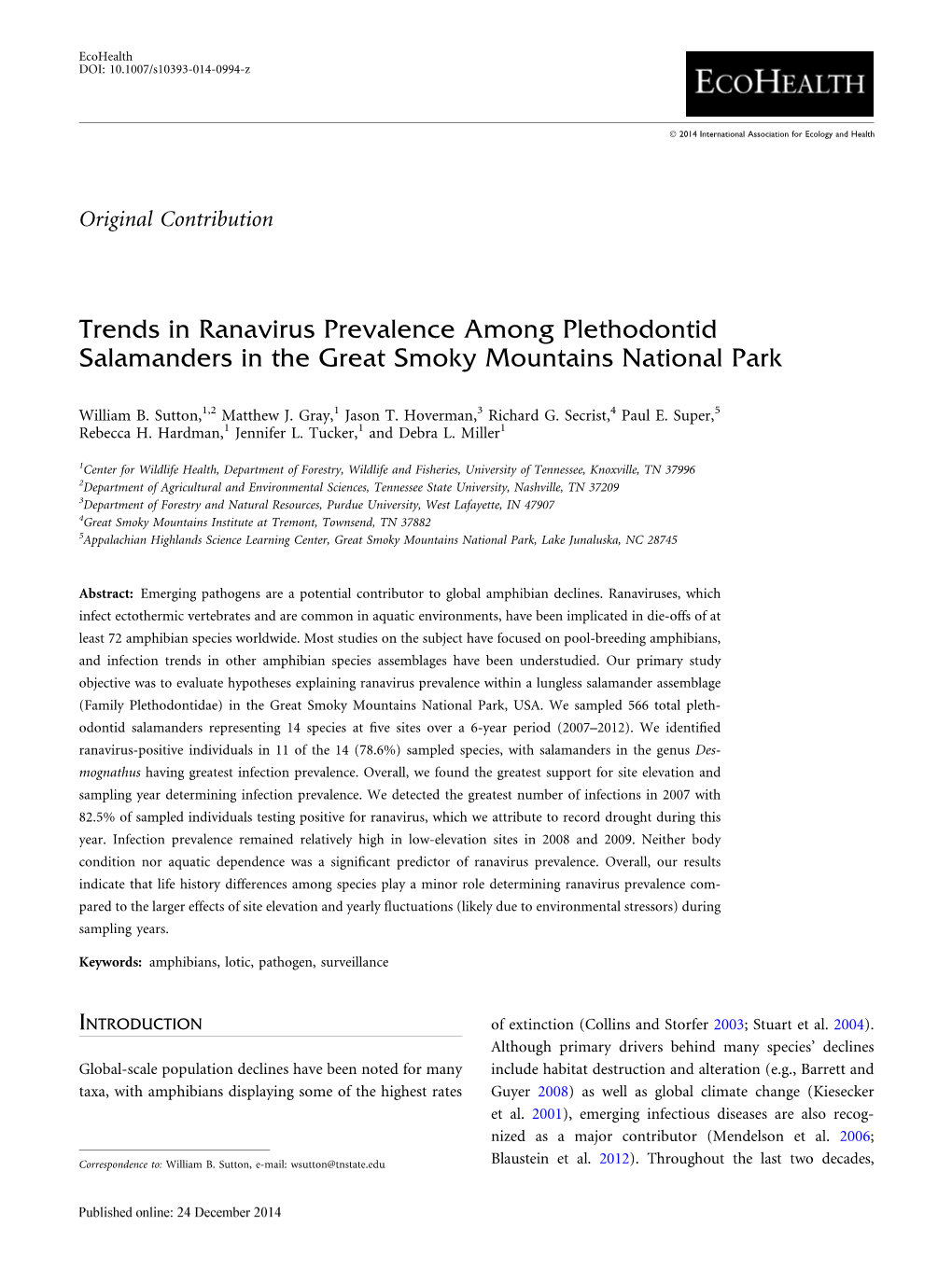 Trends in Ranavirus Prevalence Among Plethodontid Salamanders in the Great Smoky Mountains National Park