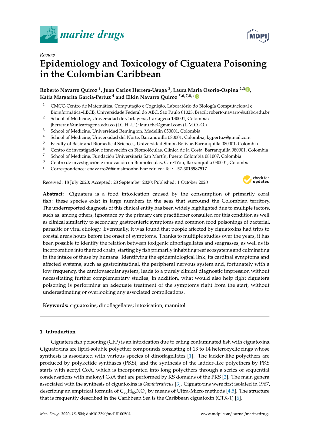 Epidemiology and Toxicology of Ciguatera Poisoning in the Colombian Caribbean