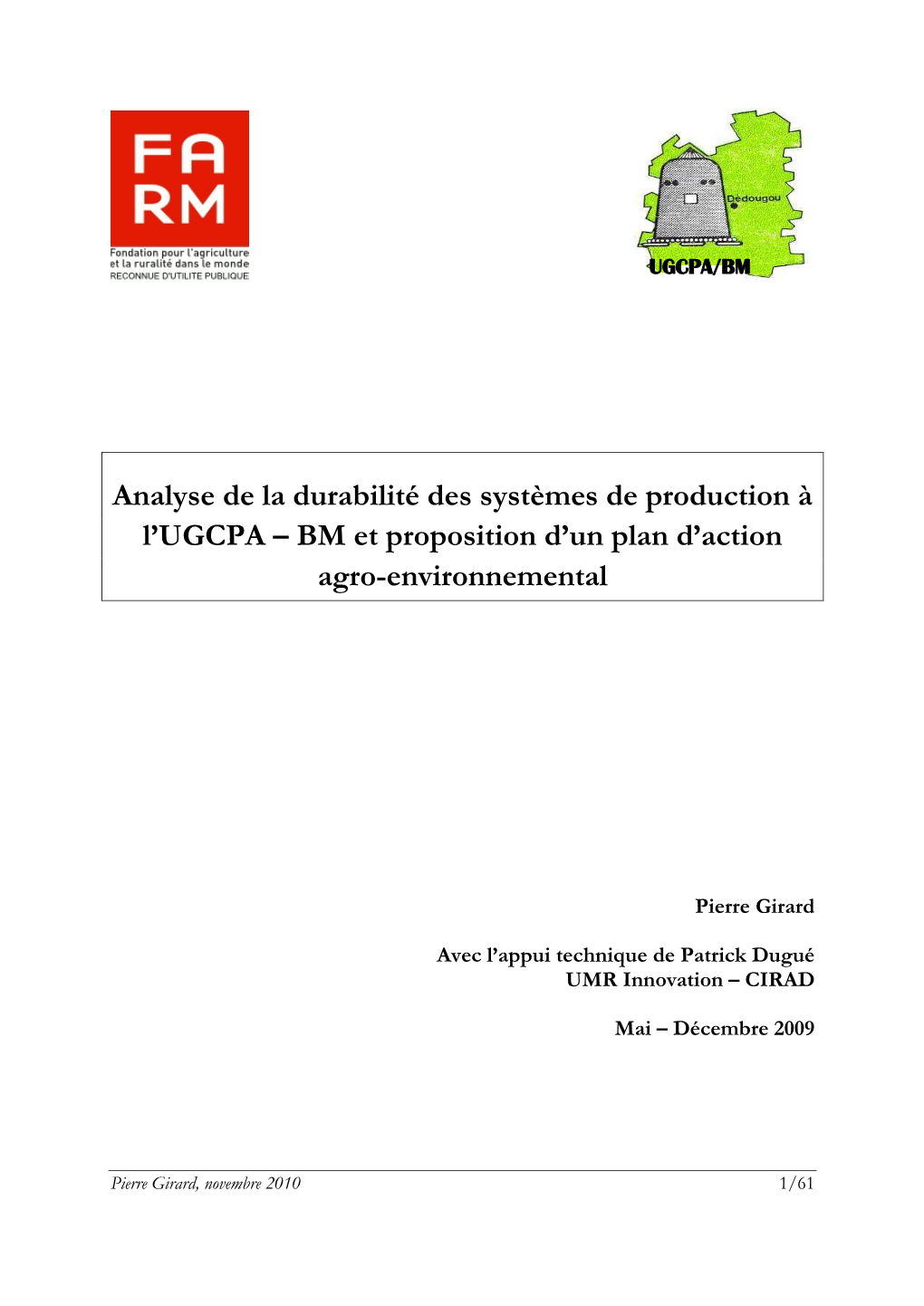 Analyse De La Durabilité Des Systèmes De Production À L'ugcpa – BM Et