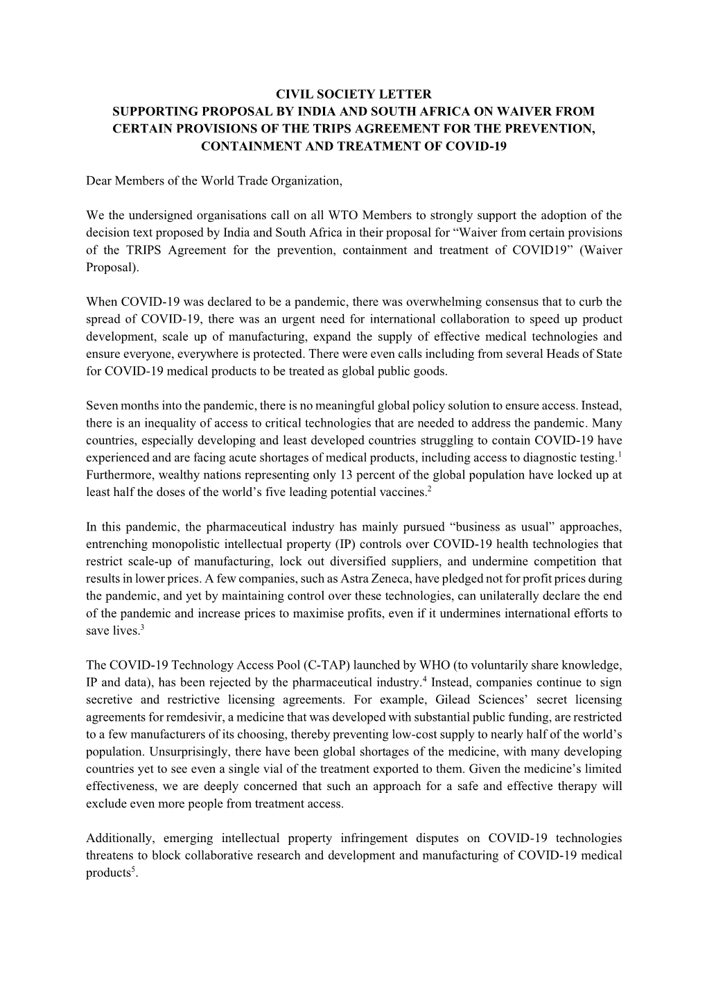 Civil Society Letter Supporting Proposal by India and South Africa on Waiver