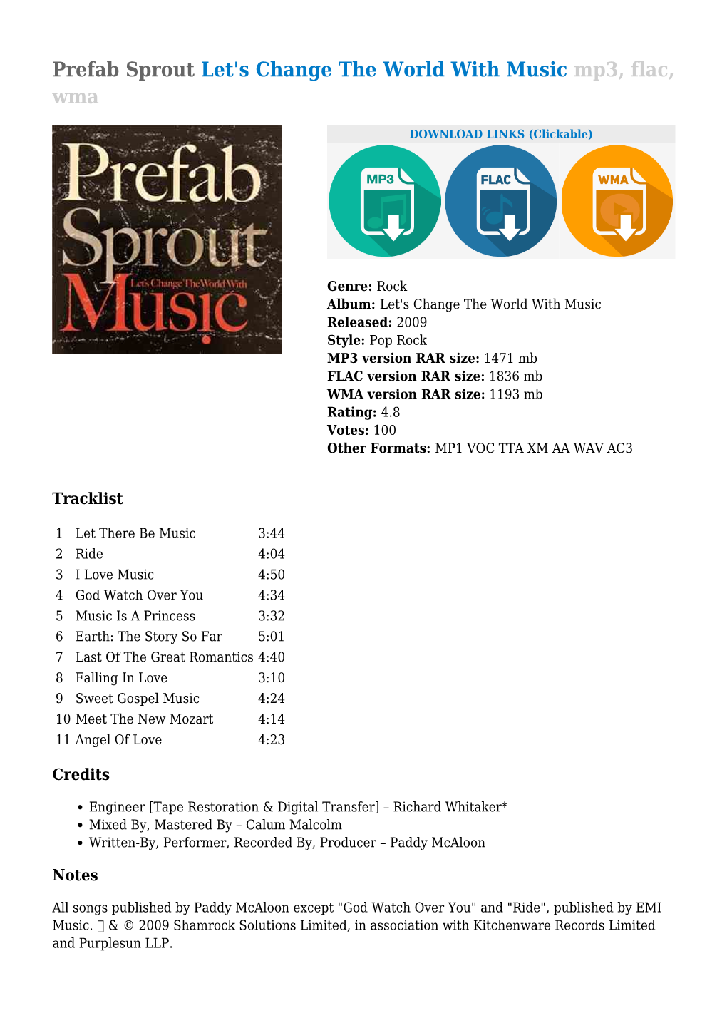 Prefab Sprout Let's Change the World with Music Mp3, Flac, Wma