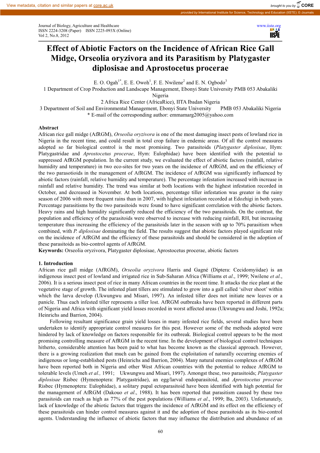 Effect of Abiotic Factors on the Incidence of African Rice Gall Midge, Orseolia Oryzivora and Its Parasitism by Platygaster Diplosisae and Aprostocetus Procerae