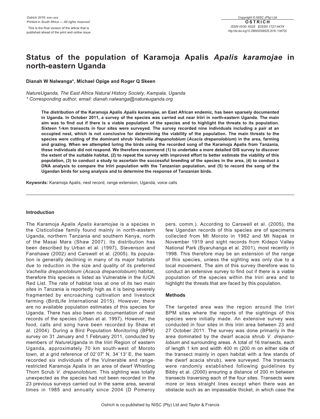 Status of the Population of Karamoja Apalis Apalis Karamojae in North-Eastern Uganda