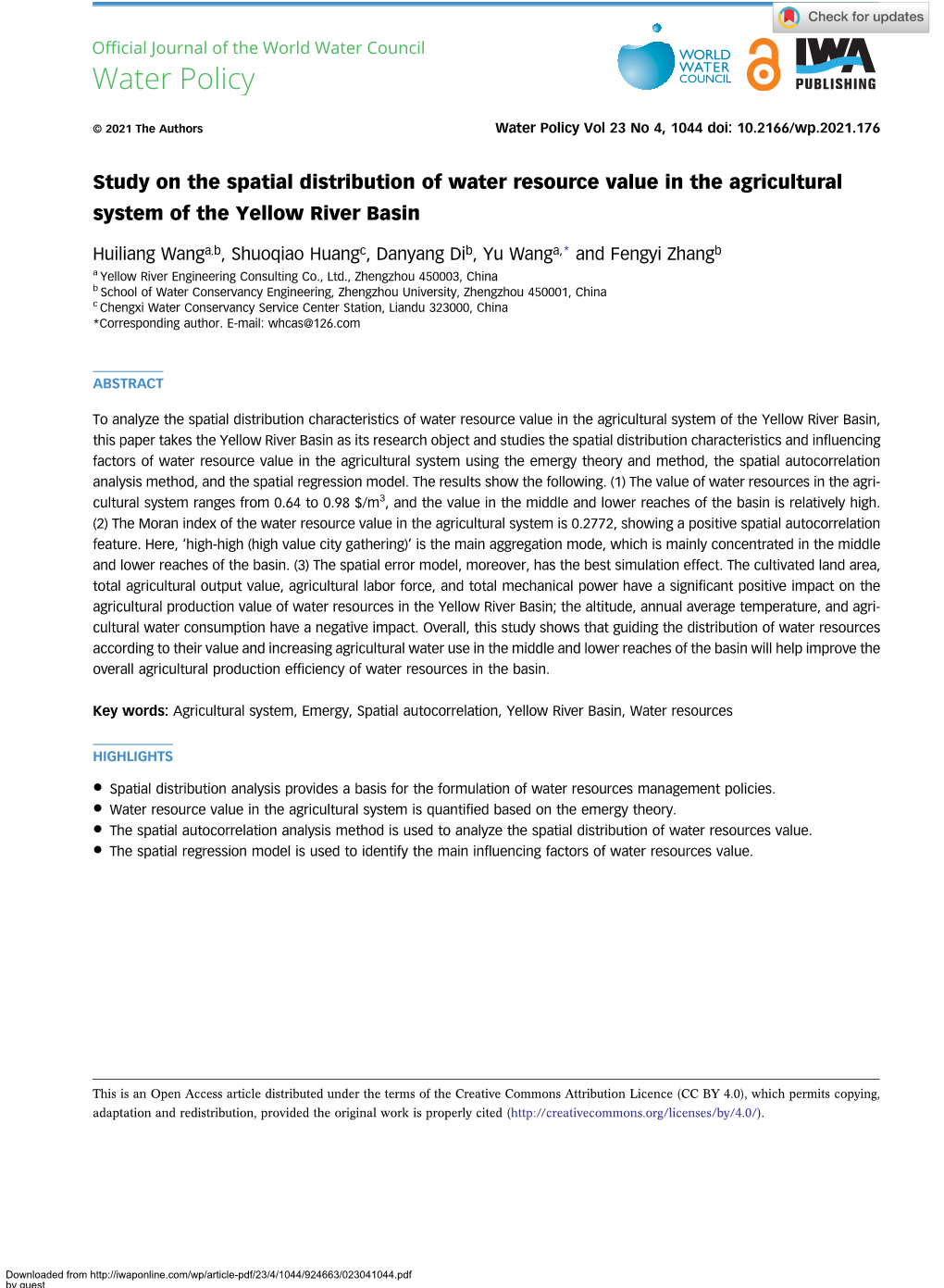Study on the Spatial Distribution of Water Resource Value in the Agricultural System of the Yellow River Basin