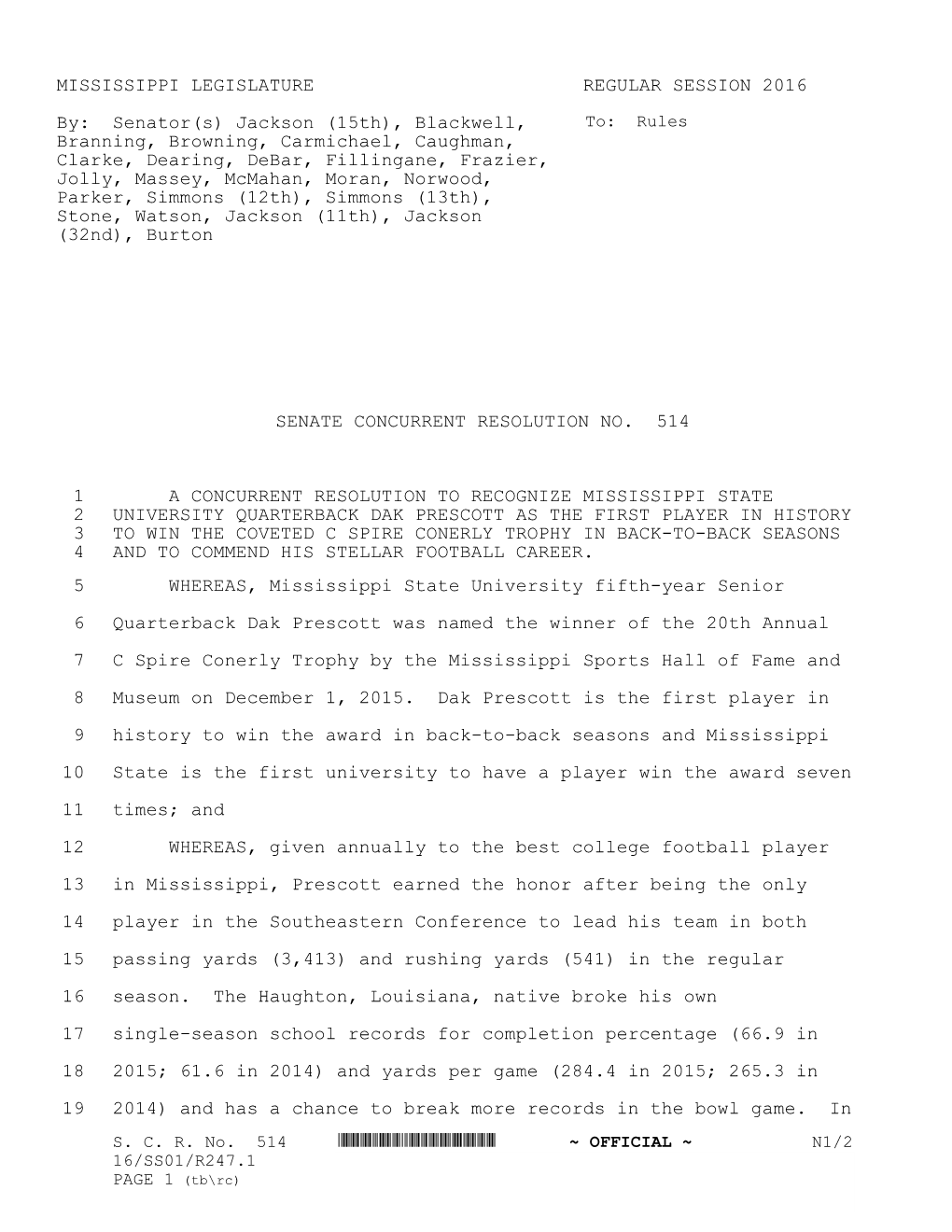 MISSISSIPPI LEGISLATURE REGULAR SESSION 2016 By