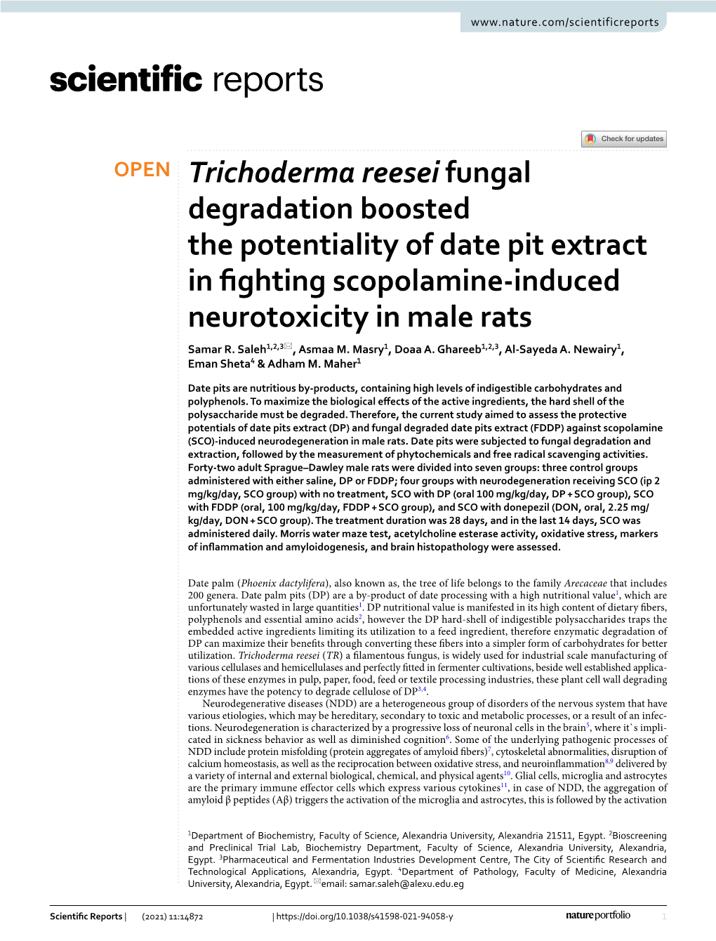 Trichoderma Reesei Fungal Degradation Boosted the Potentiality of Date Pit Extract in Fghting Scopolamine‑Induced Neurotoxicity in Male Rats Samar R