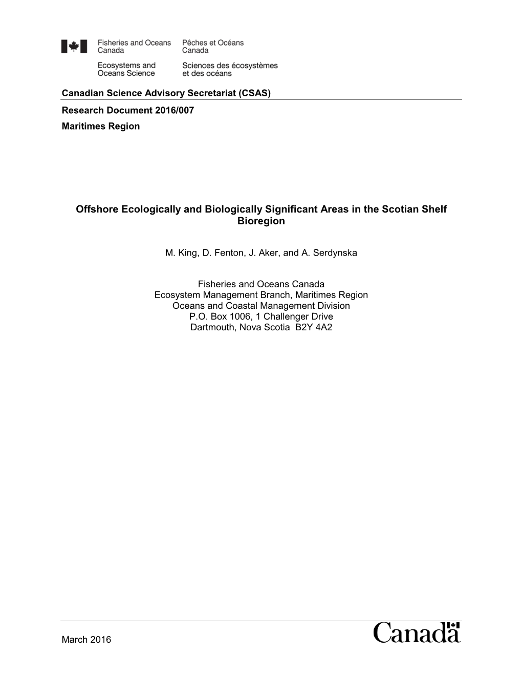 Offshore Ecologically and Biologically Significant Areas in the Scotian Shelf Bioregion