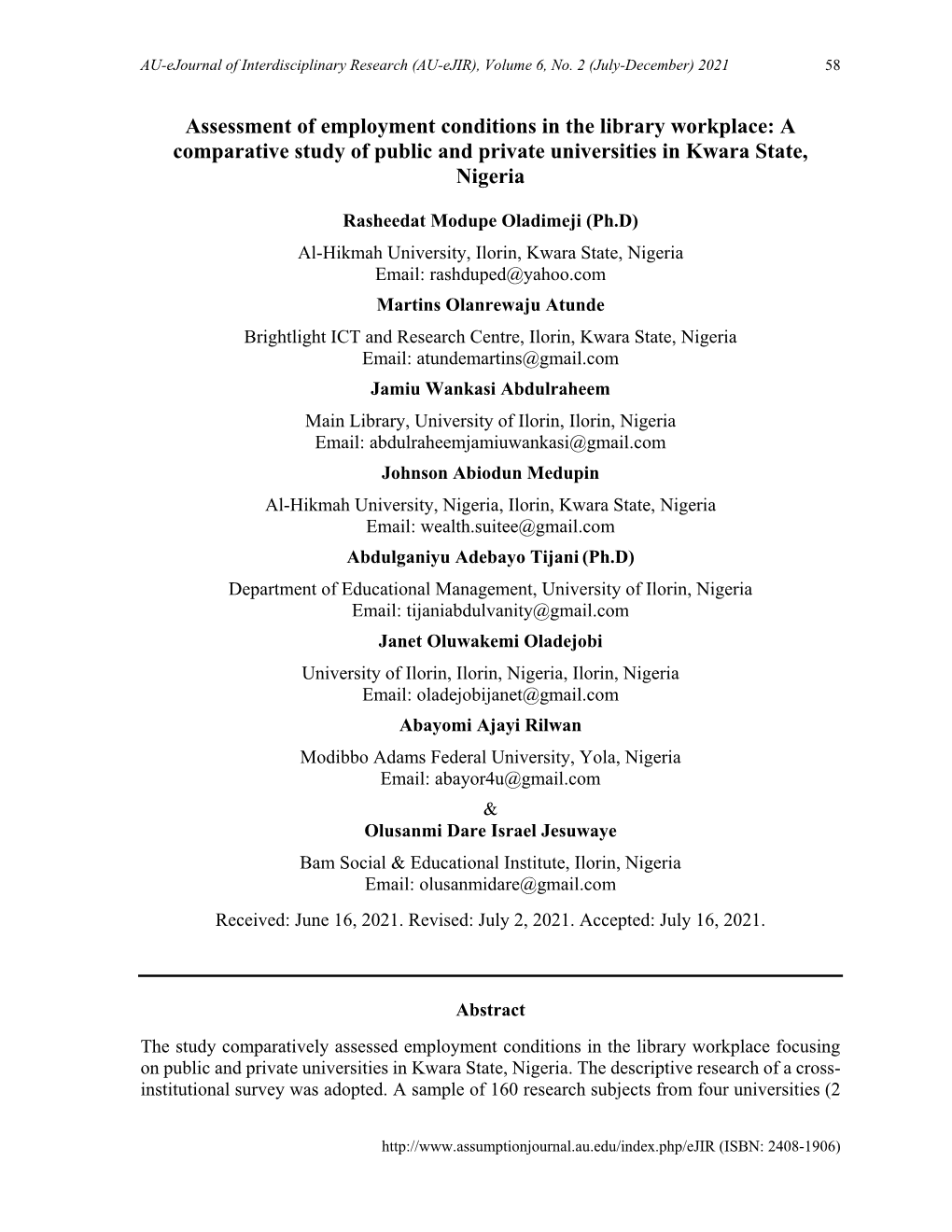 Assessment of Employment Conditions in the Library Workplace: a Comparative Study of Public and Private Universities in Kwara State, Nigeria