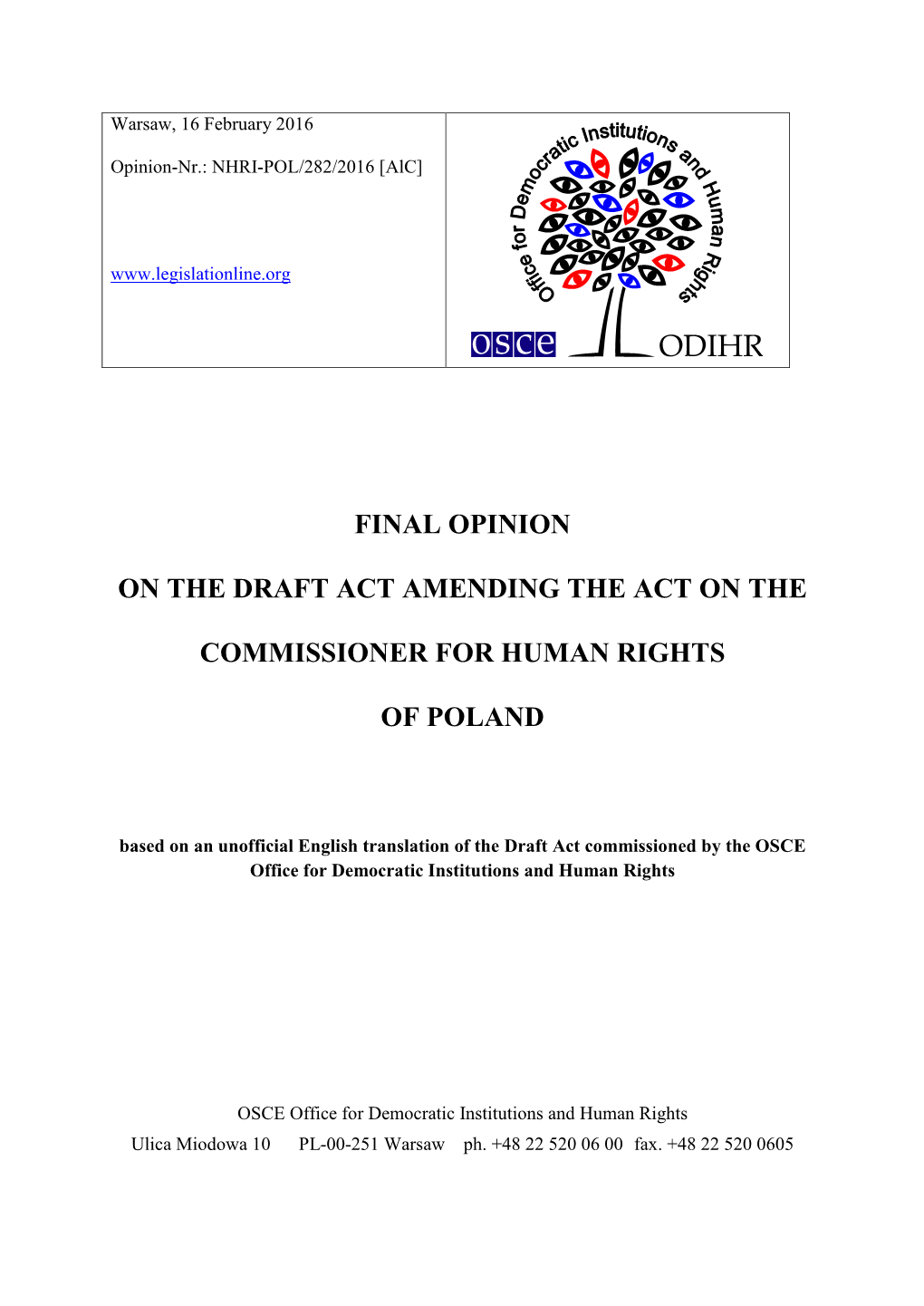 Final Opinion on the Draft Act Amending the Act on the Commissioner for Human Rights of Poland