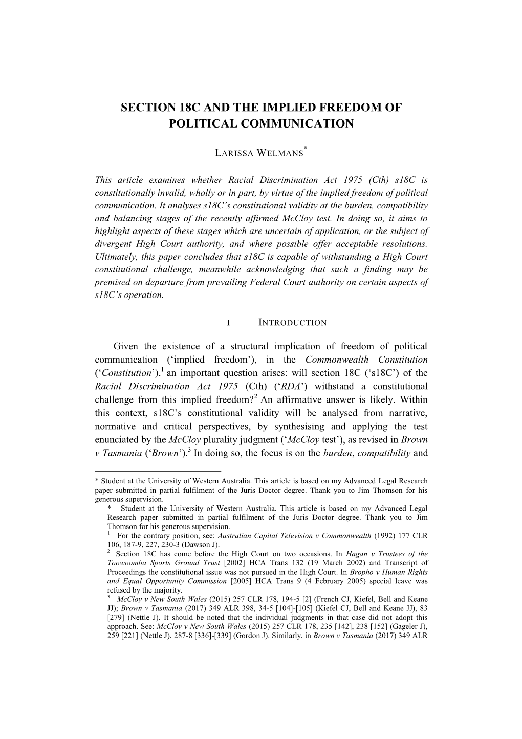 Section 18C and the Implied Freedom of Political Communication