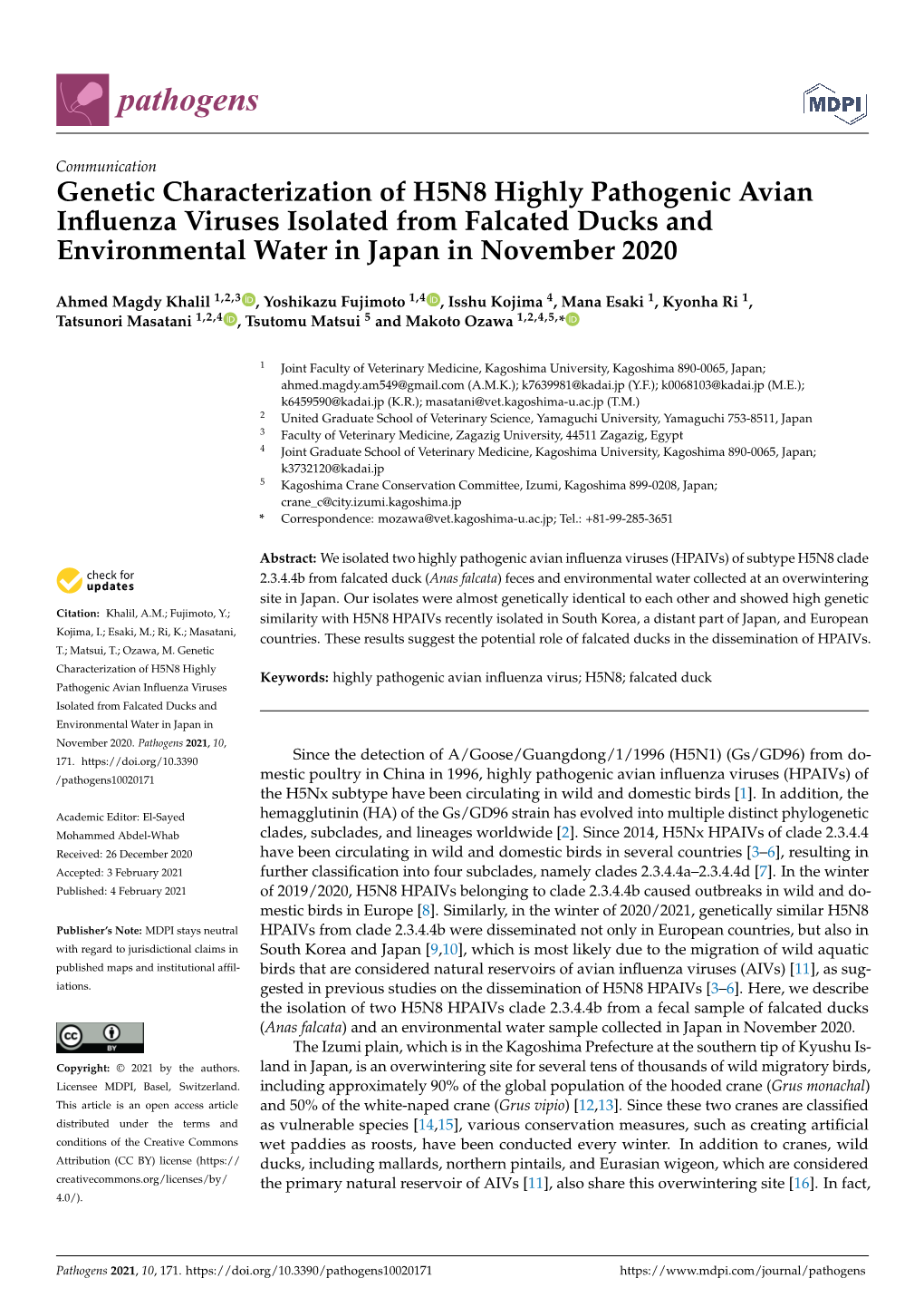 Genetic Characterization of H5N8 Highly Pathogenic Avian Influenza