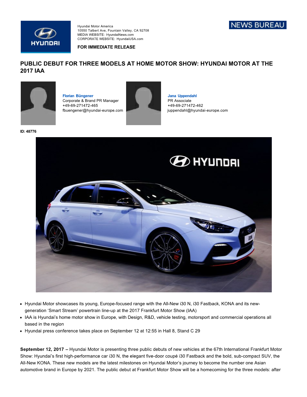 Public Debut for Three Models at Home Motor Show: Hyundai Motor at the 2017 Iaa