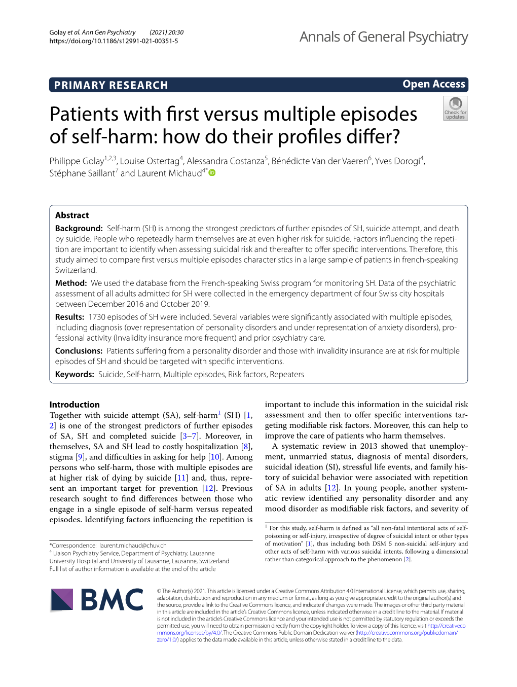 Patients with First Versus Multiple Episodes of Self-Harm: How Do Their