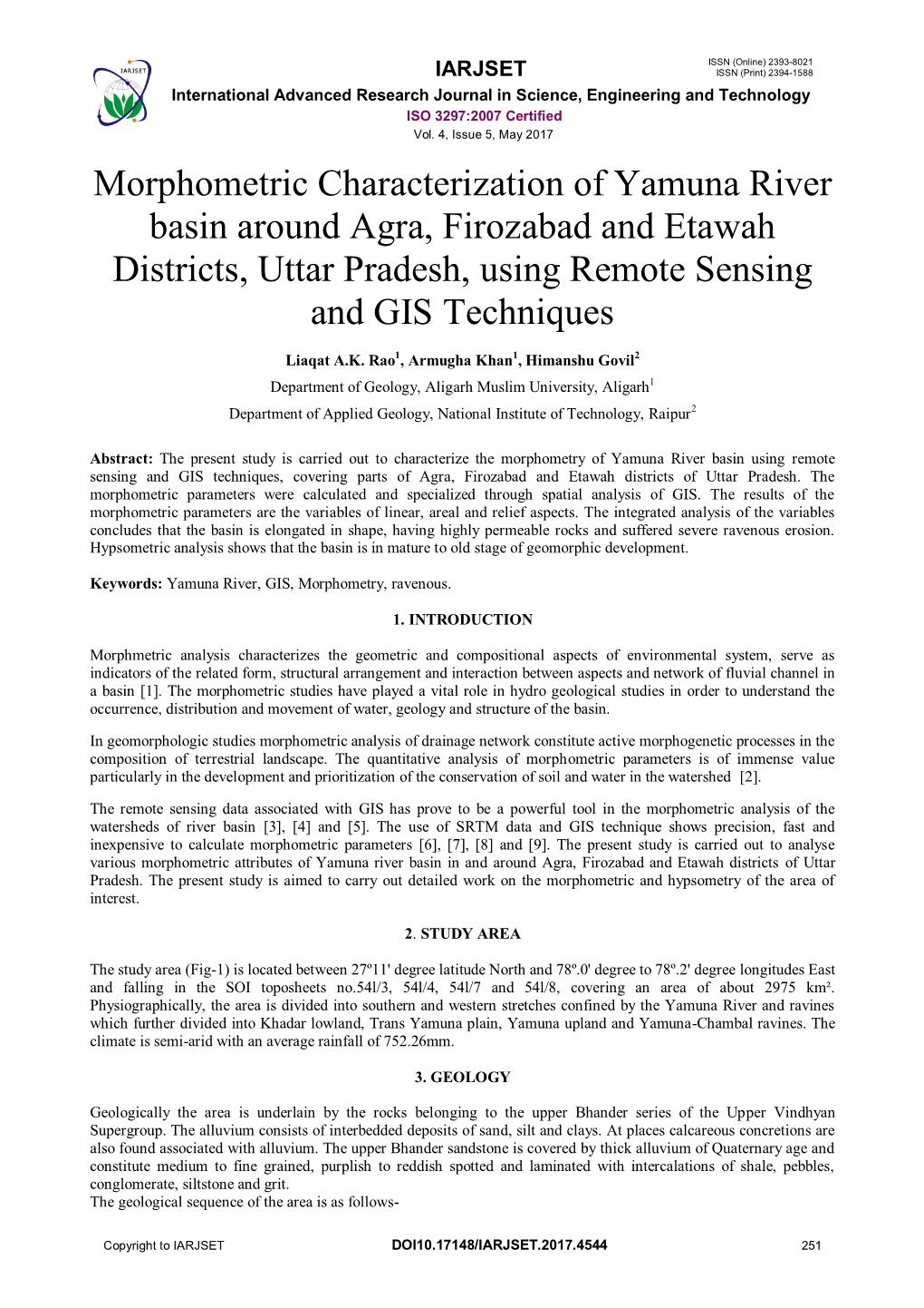 Morphometric Characterization of Yamuna River Basin Around Agra, Firozabad and Etawah Districts, Uttar Pradesh, Using Remote Sensing and GIS Techniques