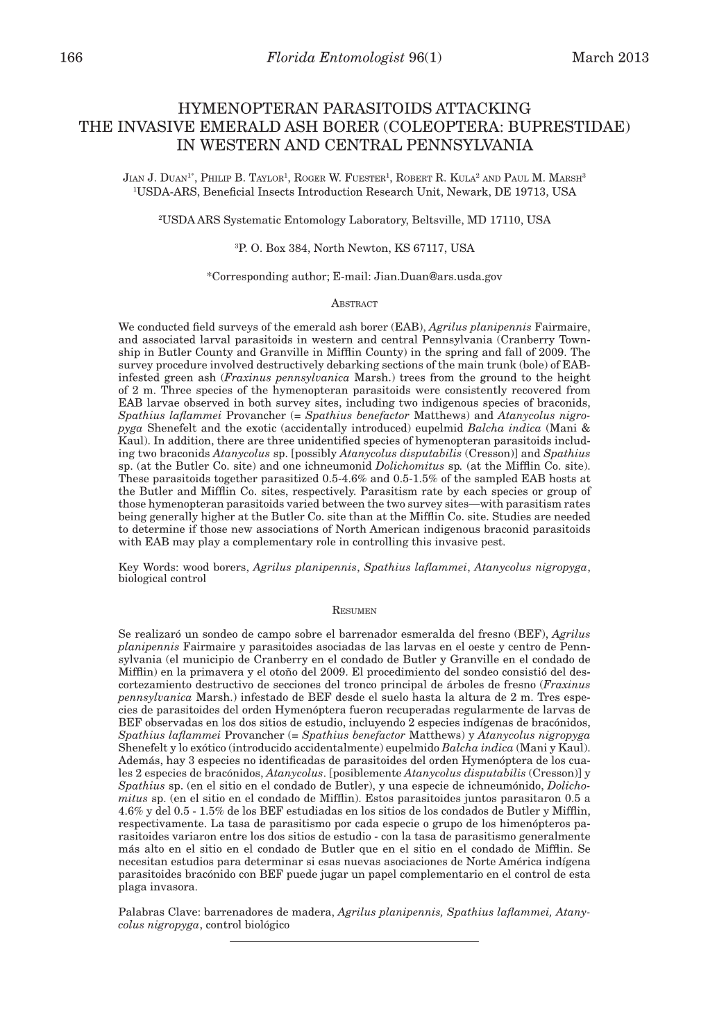 Hymenopteran Parasitoids Attacking the Invasive Emerald Ash Borer (Coleoptera: Buprestidae) in Western and Central Pennsylvania