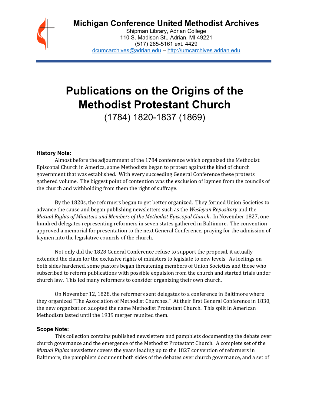 Publications on the Origins of the Methodist Protestant Church (1784) 1820-1837 (1869)
