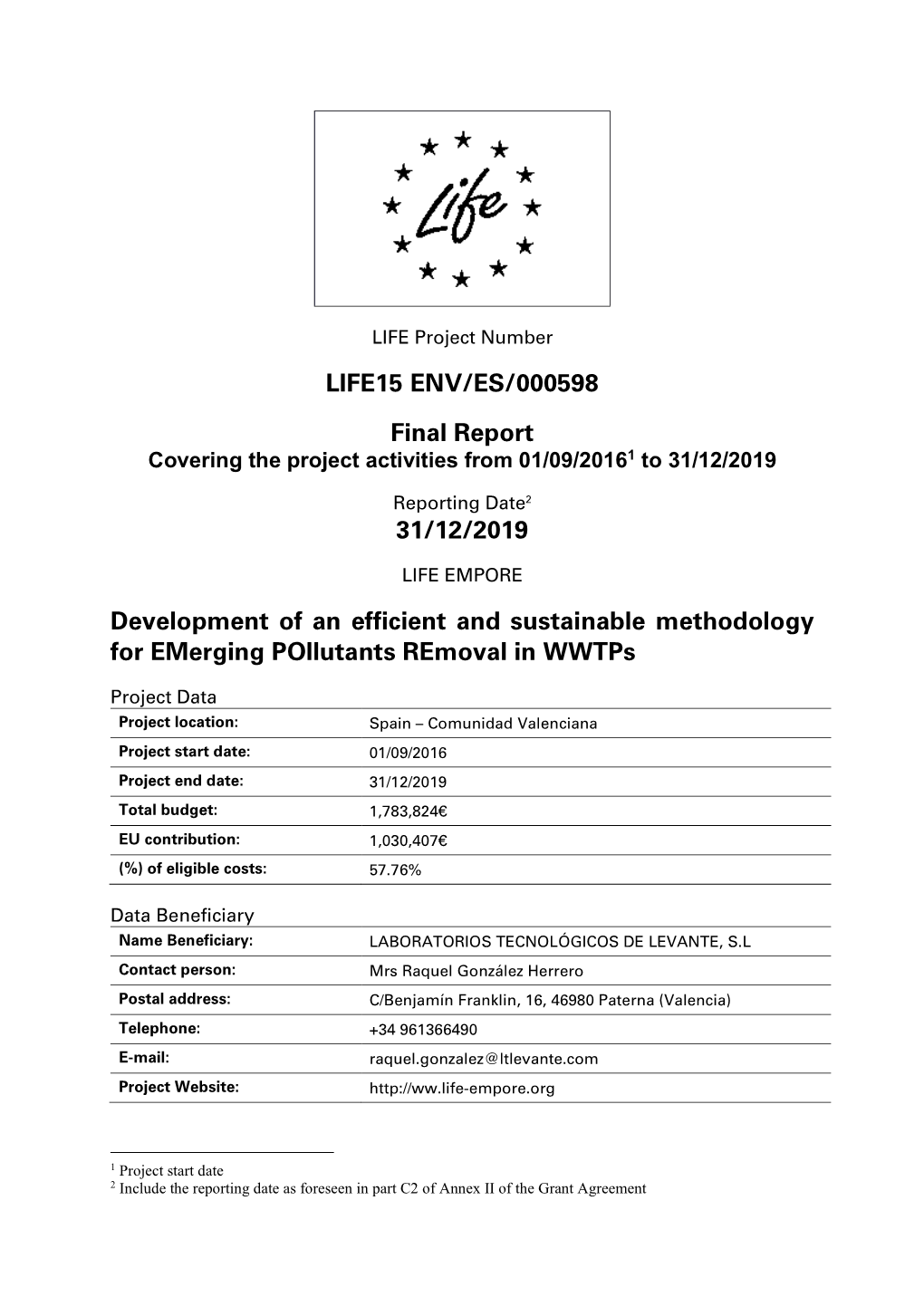 LIFE15 ENV/ES/000598 Final Report 31/12/2019 Development of An