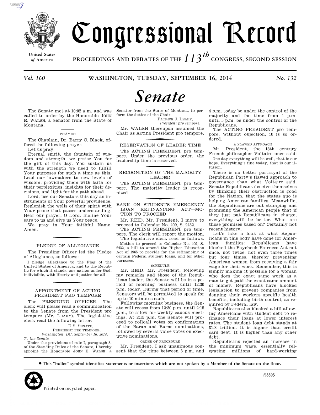 Congressional Record United States Th of America PROCEEDINGS and DEBATES of the 113 CONGRESS, SECOND SESSION