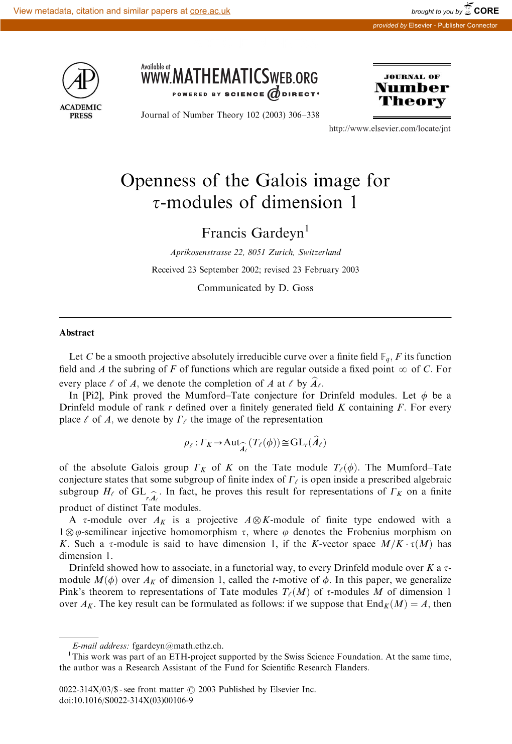 Openness of the Galois Image for T-Modules of Dimension 1