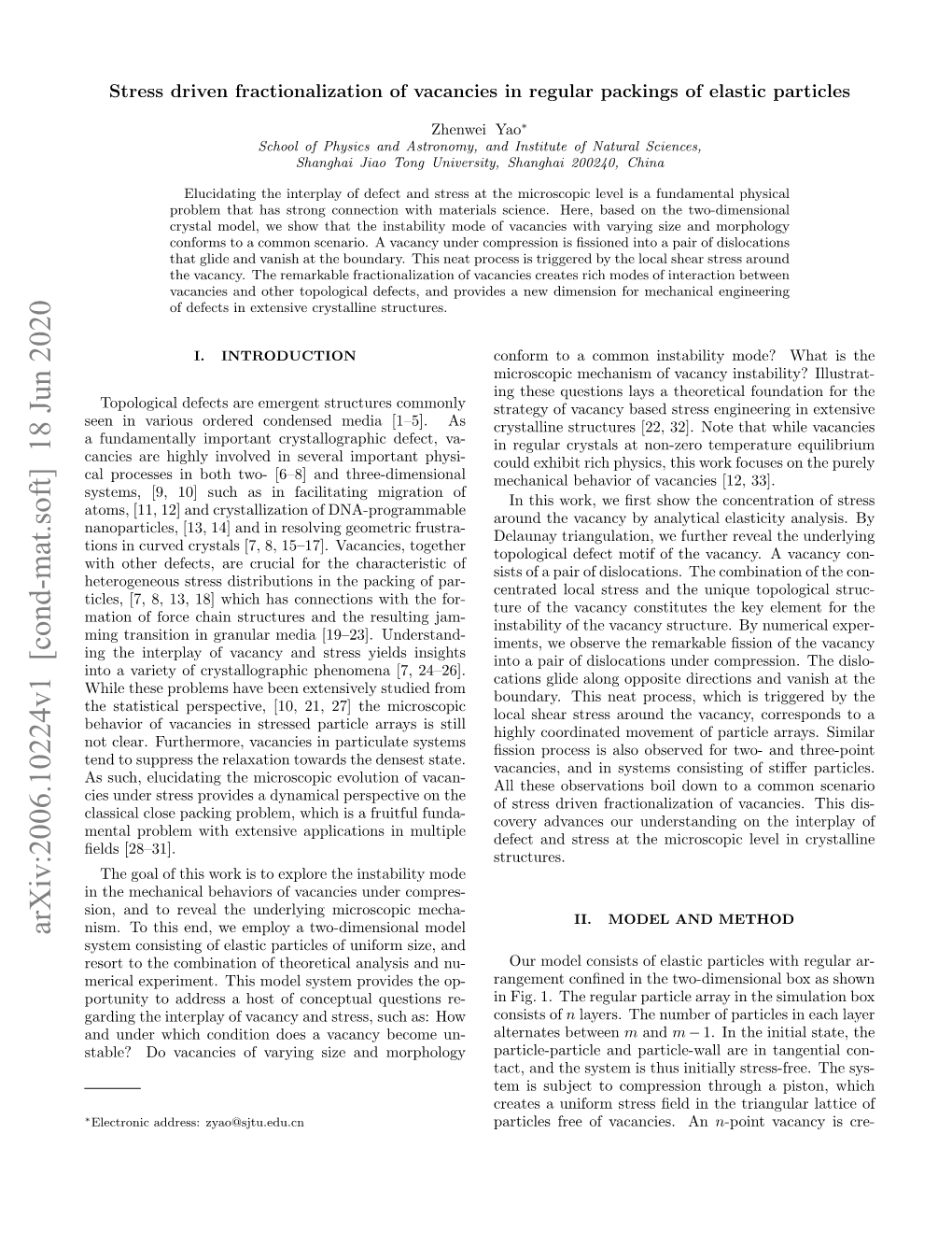 Stress Driven Fractionalization of Vacancies in Regular Packings of Elastic Particles