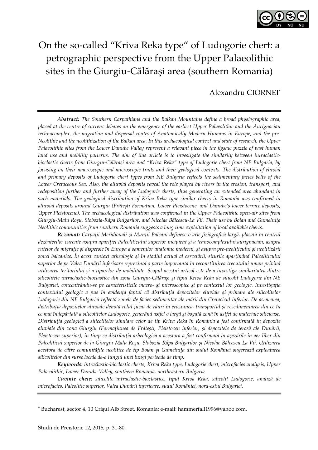 Of Ludogorie Chert: a Petrographic Perspective from the Upper Palaeolithic Sites in the Giurgiu-Călăraşi Area (Southern Romania)