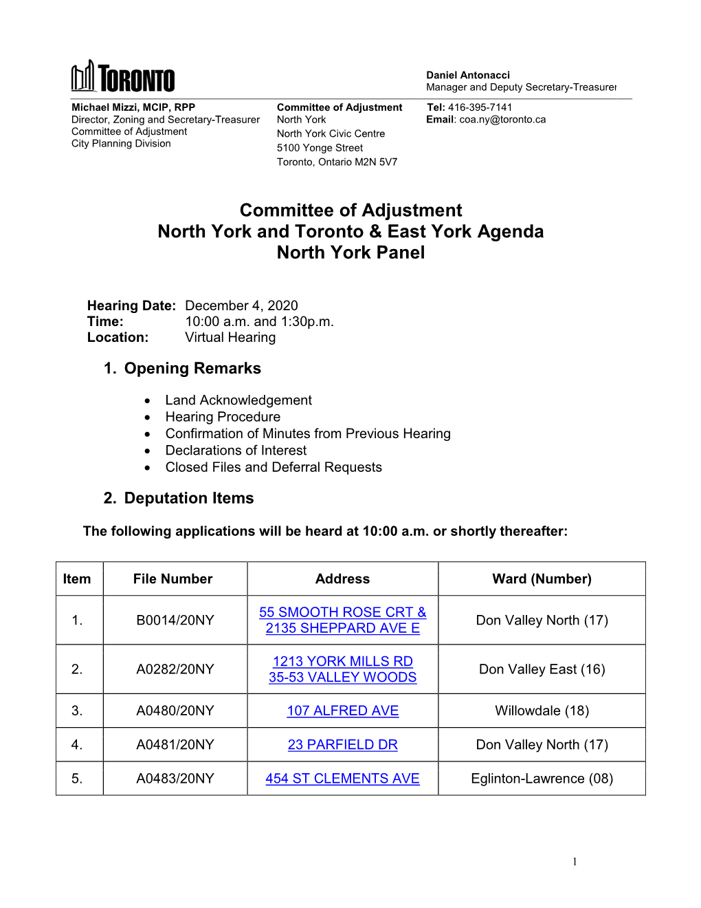 Committee of Adjustment North York, Hearing Agenda, December 4, 2020