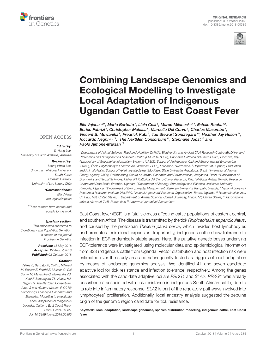 Combining Landscape Genomics and Ecological Modelling to Investigate Local Adaptation of Indigenous Ugandan Cattle to East Coast Fever