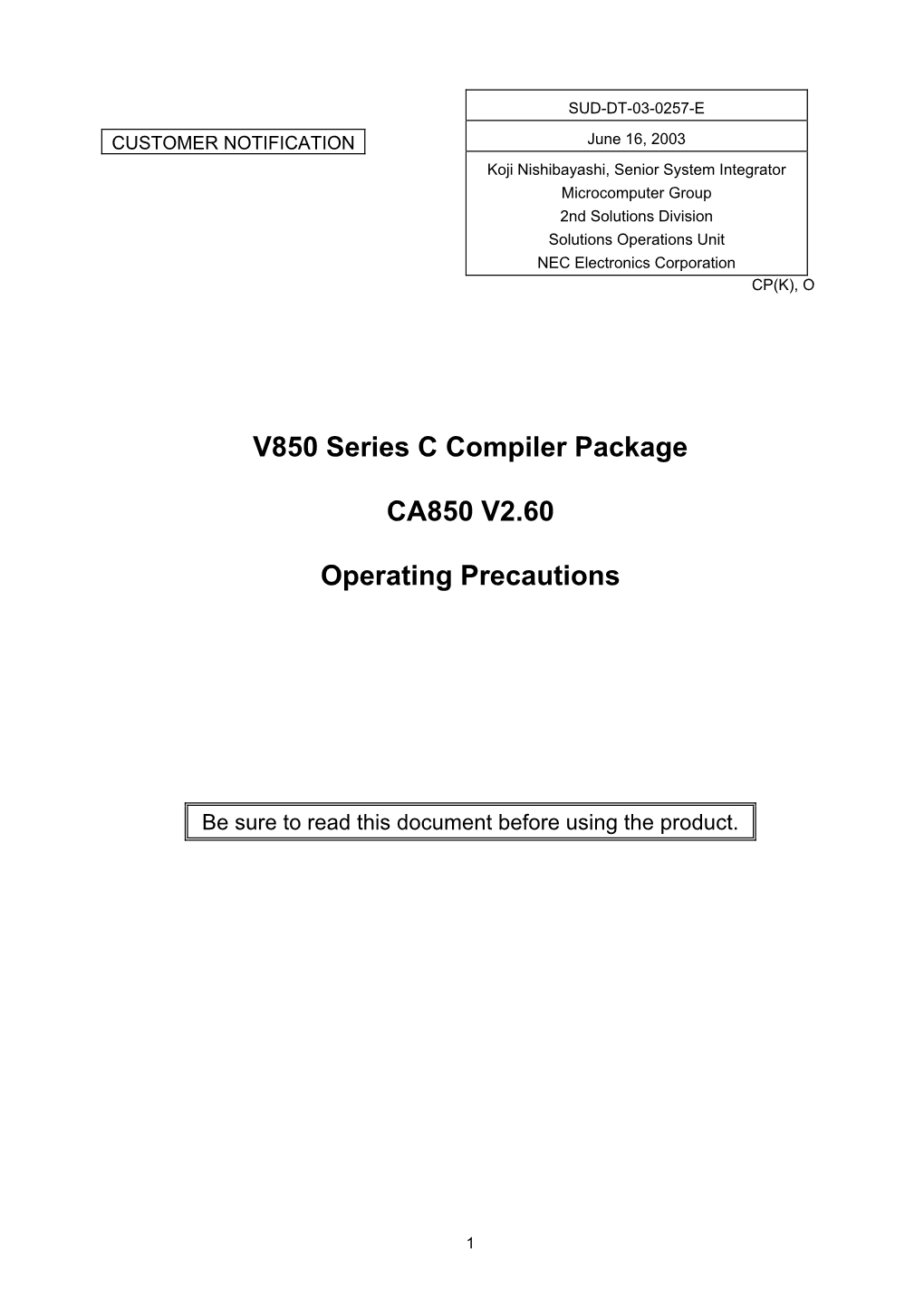 V850 Series C Compiler Package CA850 V2.60 Operating Precautions