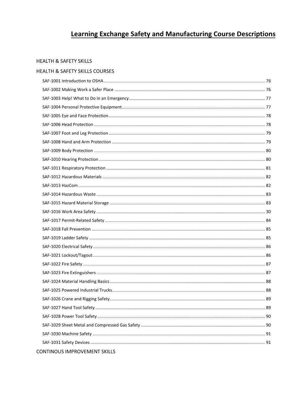 Learning Exchange Safety and Manufacturing Course Descriptions