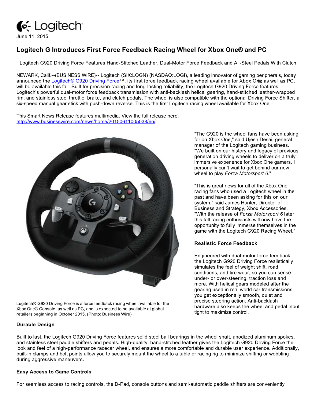 Logitech G Introduces First Force Feedback Racing Wheel for Xbox One® and PC