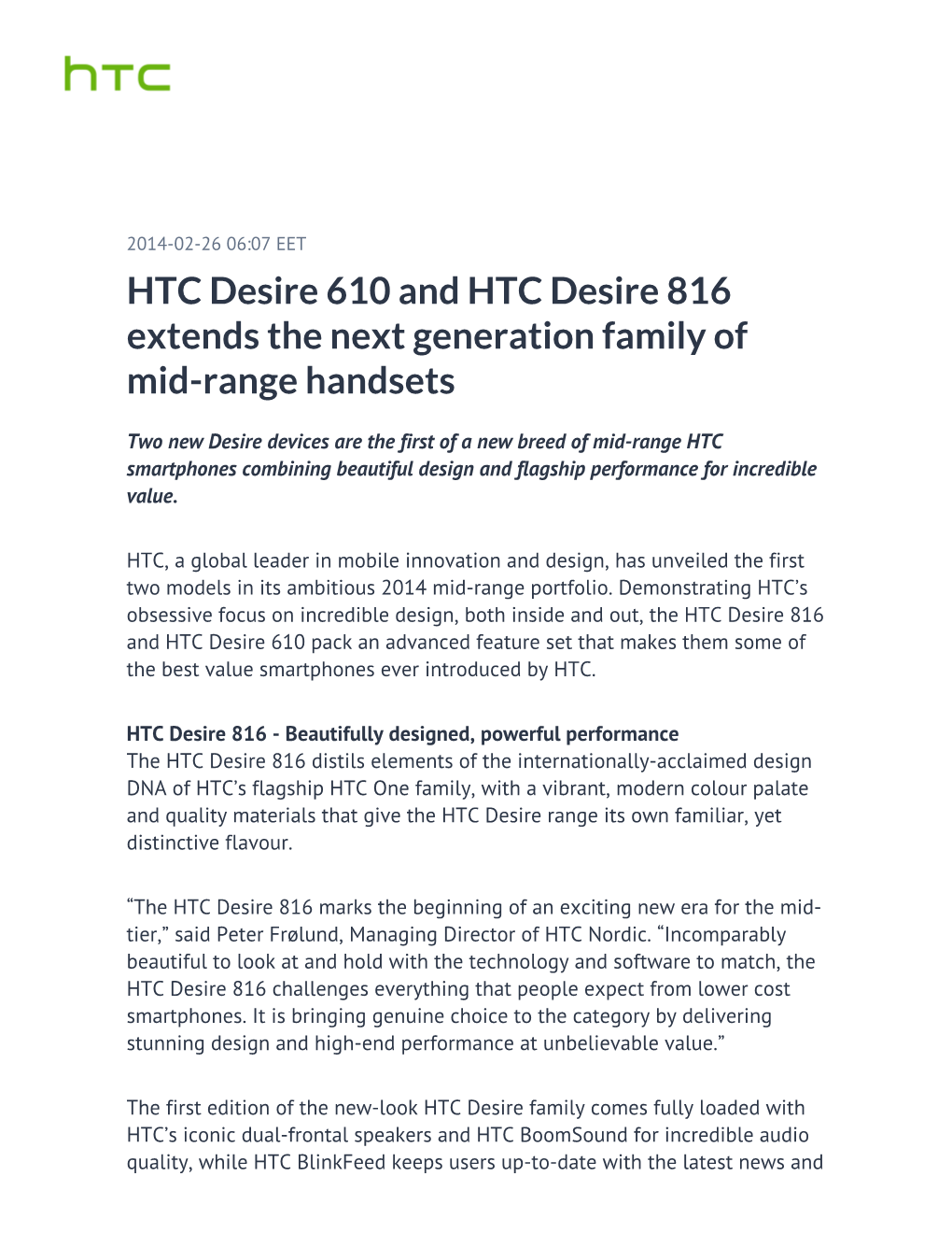HTC Desire 610 and HTC Desire 816 Extends the Next Generation Family of Mid-Range Handsets