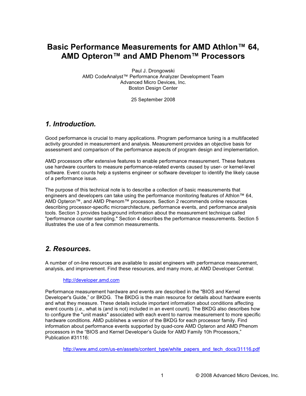 Basic Performance Measurements for AMD Athlon™ 64, AMD Opteron™ and AMD Phenom™ Processors