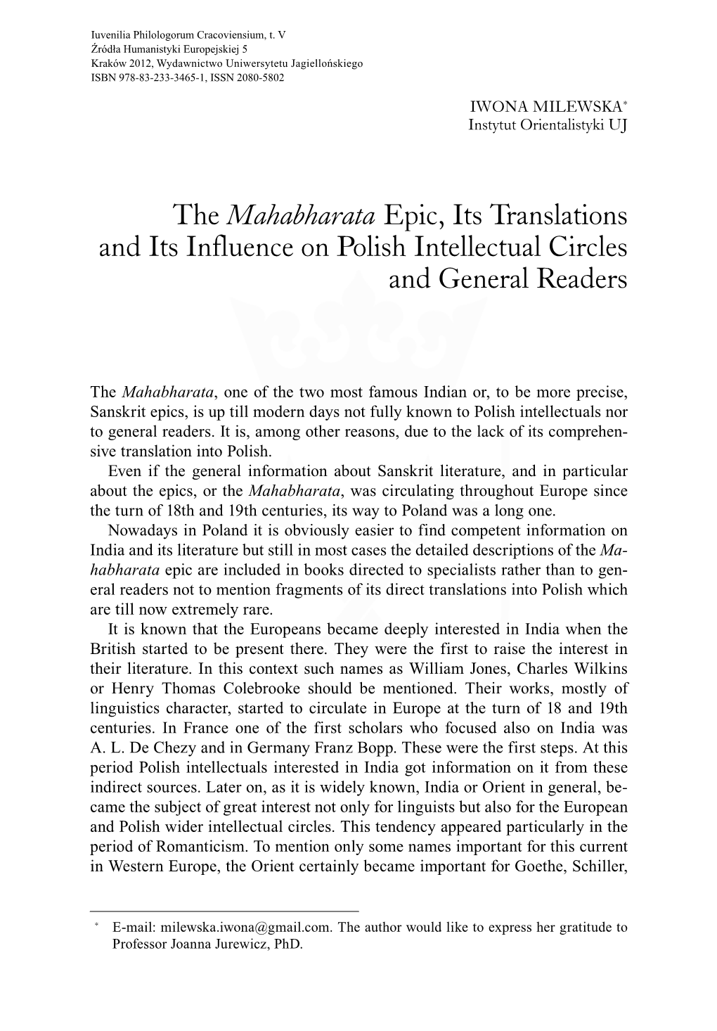 The Mahabharata Epic, Its Translations and Its Influence on Polish Intellectual Circles and General Readers