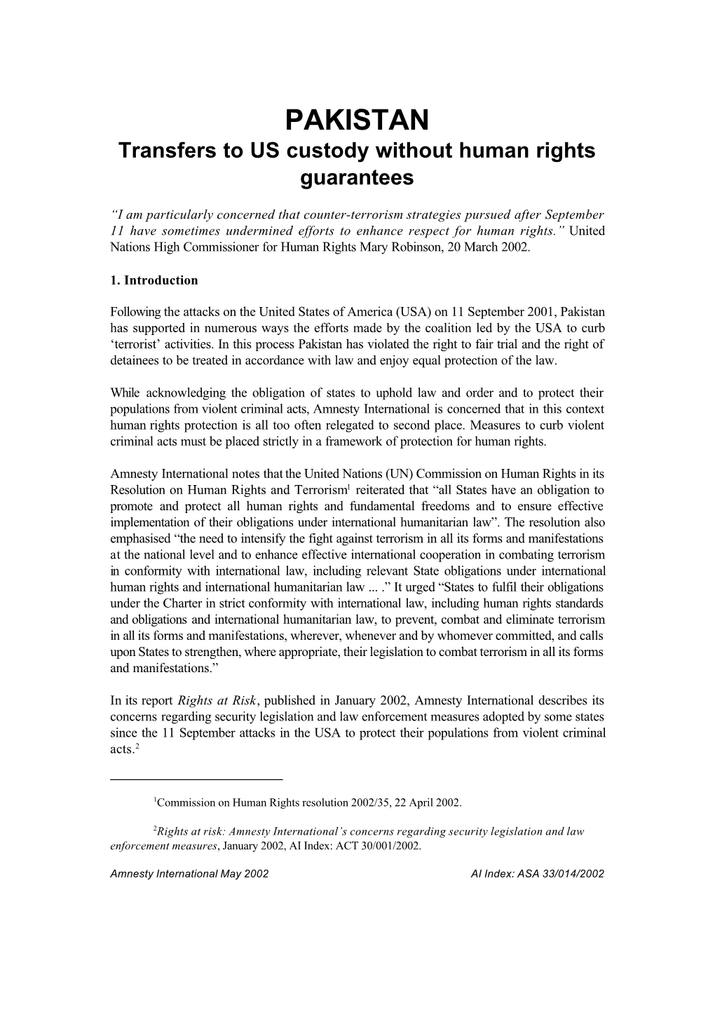 PAKISTAN Transfers to US Custody Without Human Rights Guarantees