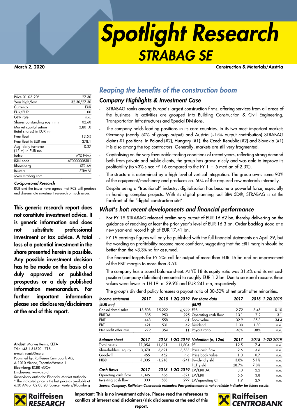 Spotlight Research STRABAG SE March 2, 2020 Construction & Materials/Austria