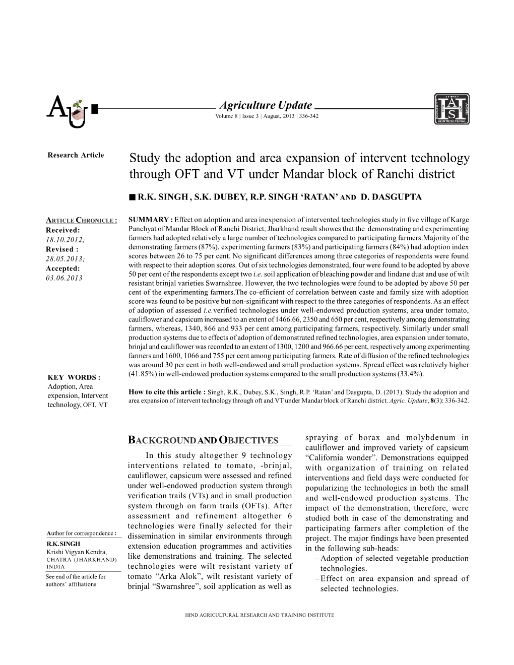 Study the Adoption and Area Expansion of Intervent Technology Through OFT and VT Under Mandar Block of Ranchi District