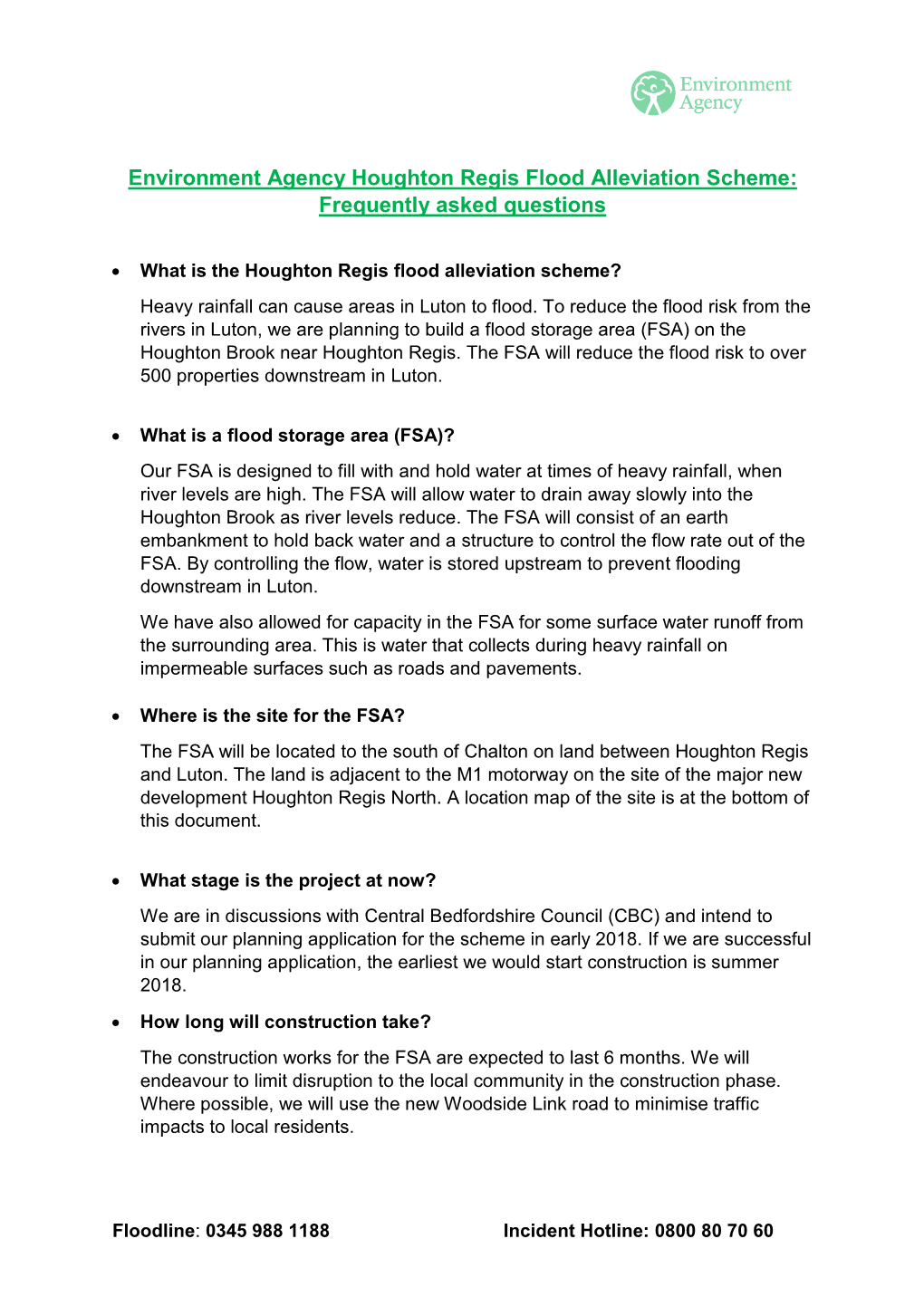 Environment Agency Houghton Regis Flood Alleviation Scheme: Frequently Asked Questions