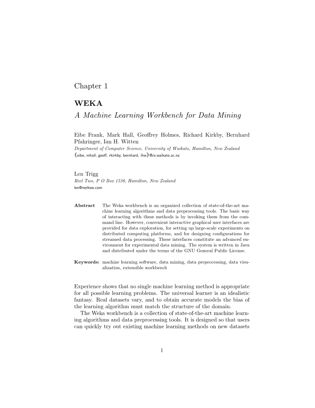 Chapter 1 WEKA a Machine Learning Workbench for Data Mining