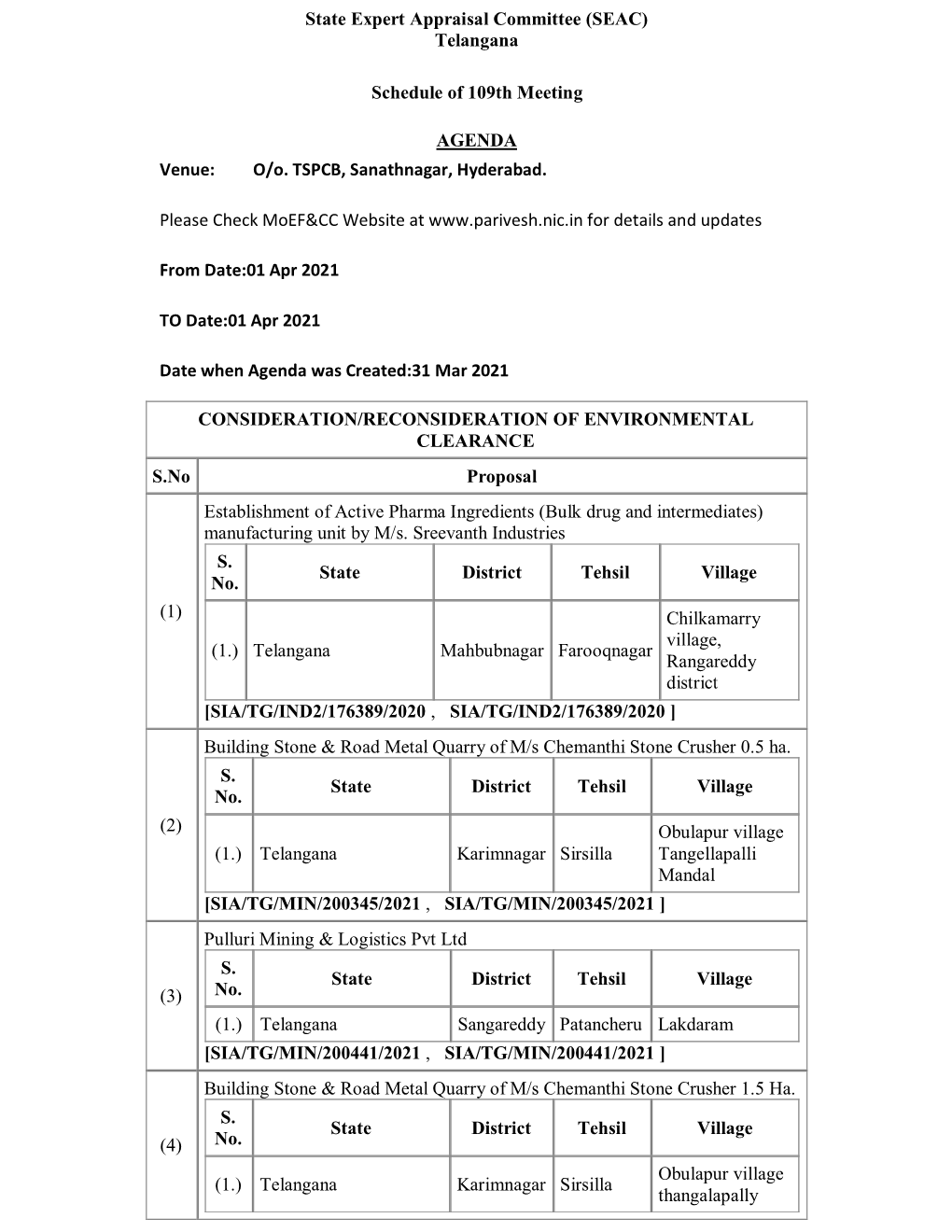 State Expert Appraisal Committee (SEAC) Telangana