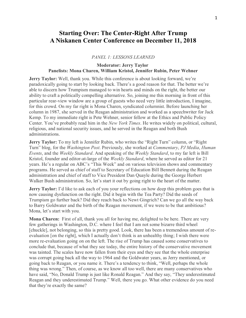 Starting Over: the Center-Right After Trump a Niskanen Center Conference on December 11, 2018