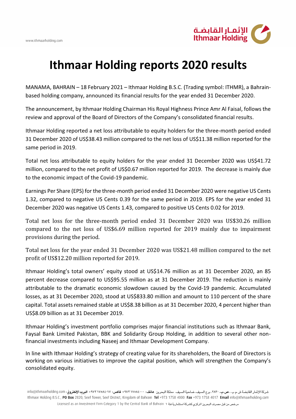 Ithmaar Holding Reports 2020 Results