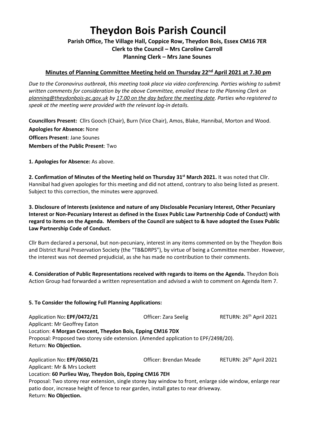 22Nd April 2021 Planning Meeting Minutes