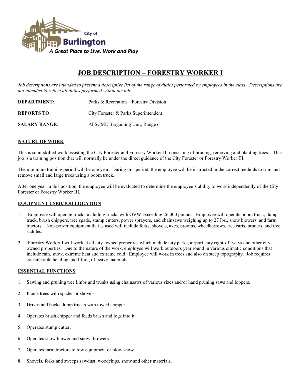 Job Description – Forestry Worker I